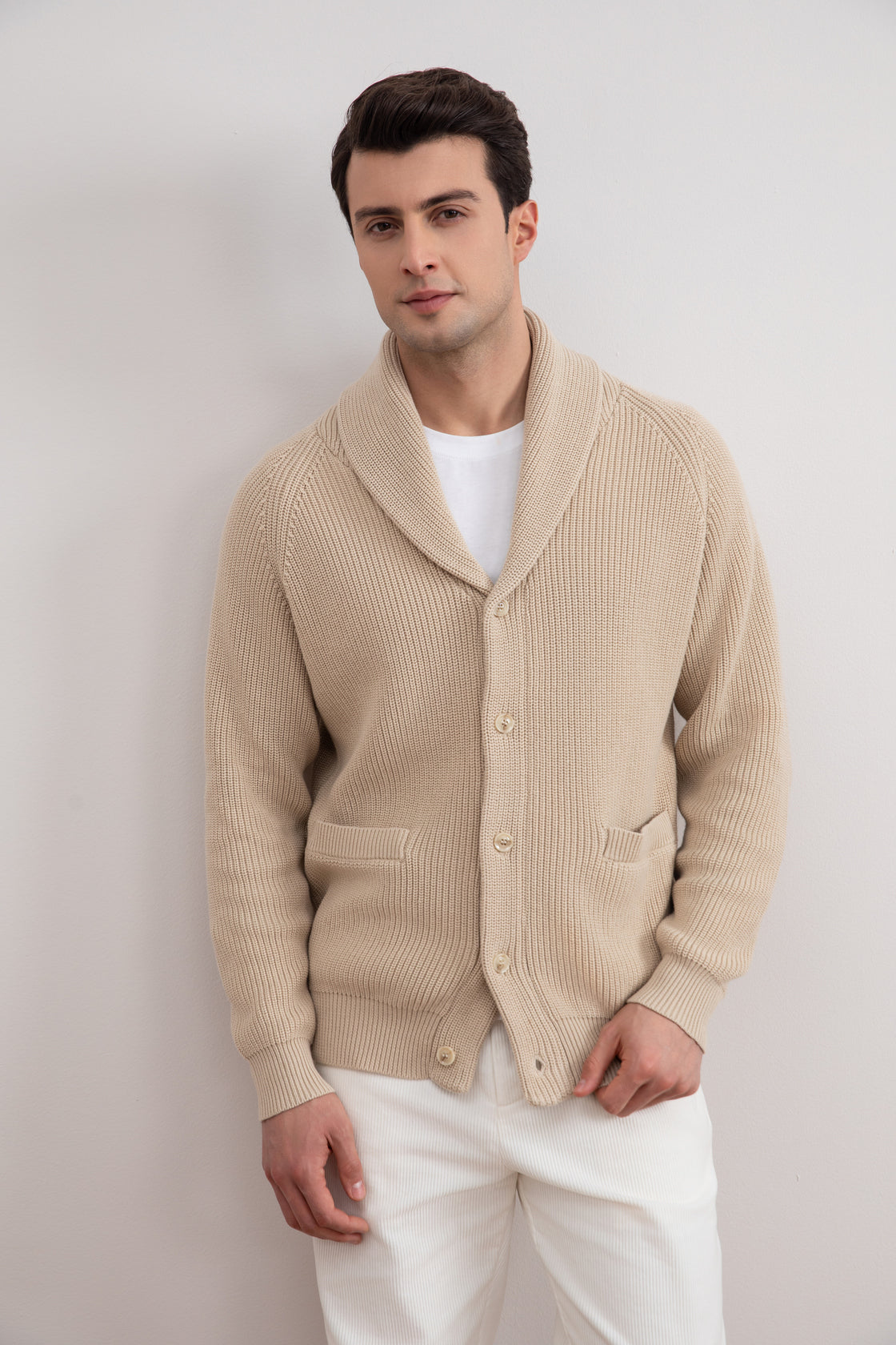 Beige Shawl-Collar Ribbed Cardigan