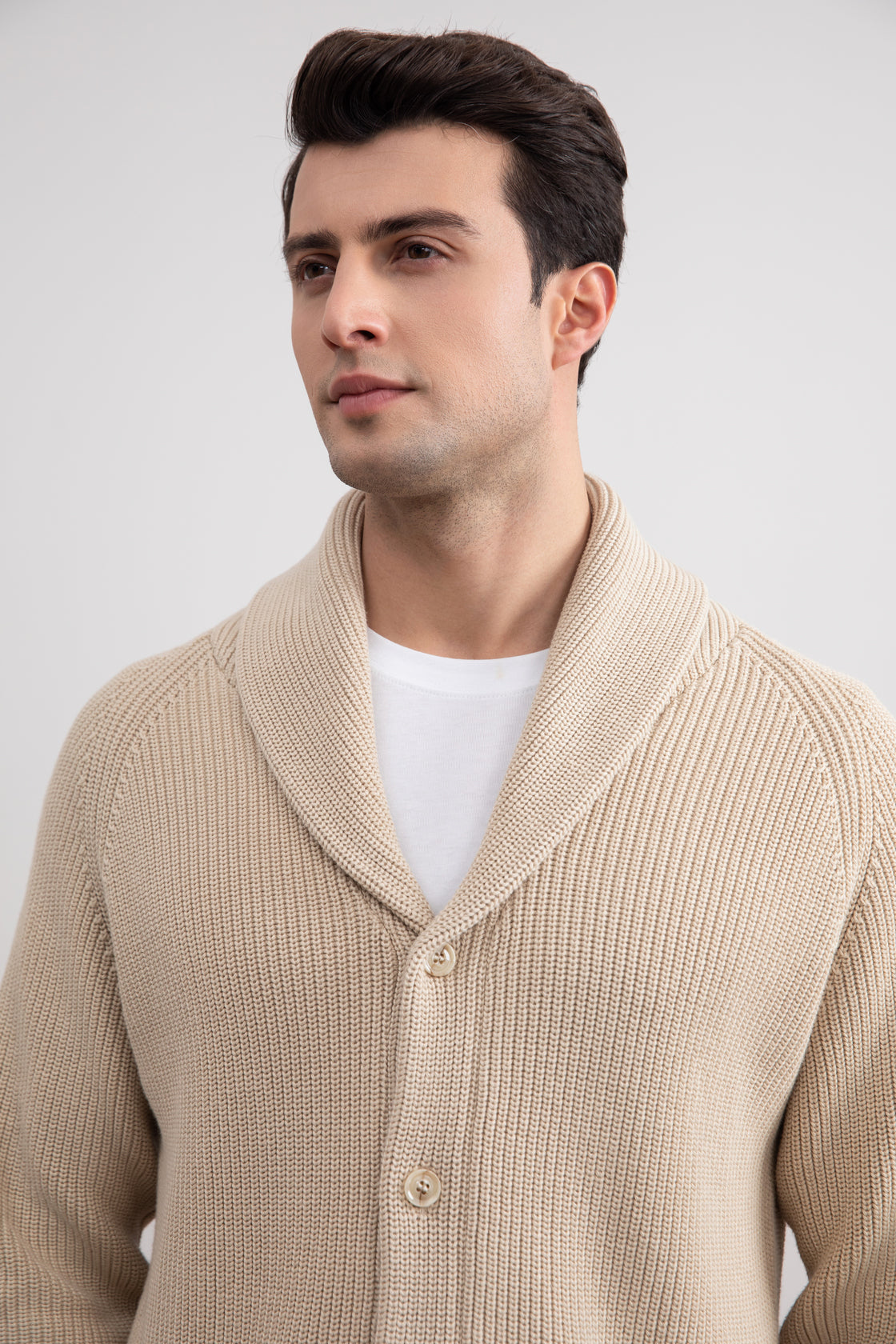 Beige Shawl-Collar Ribbed Cardigan