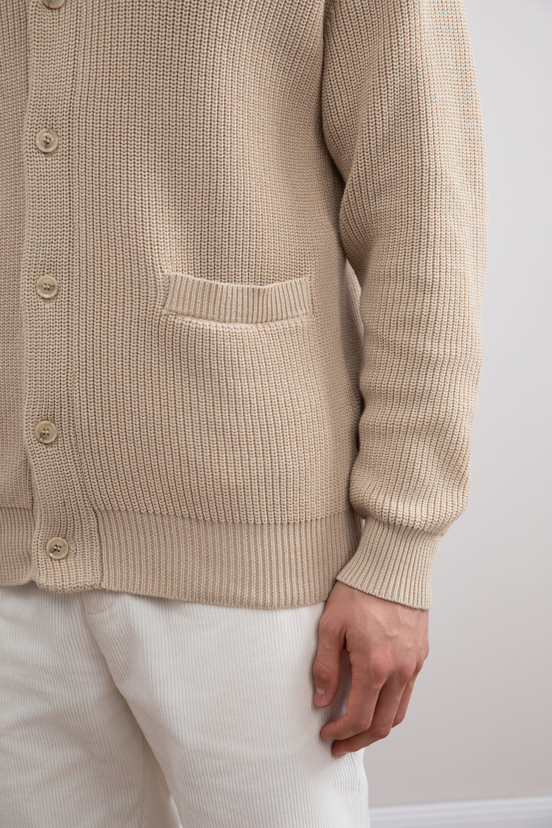Beige Shawl-Collar Ribbed Cardigan