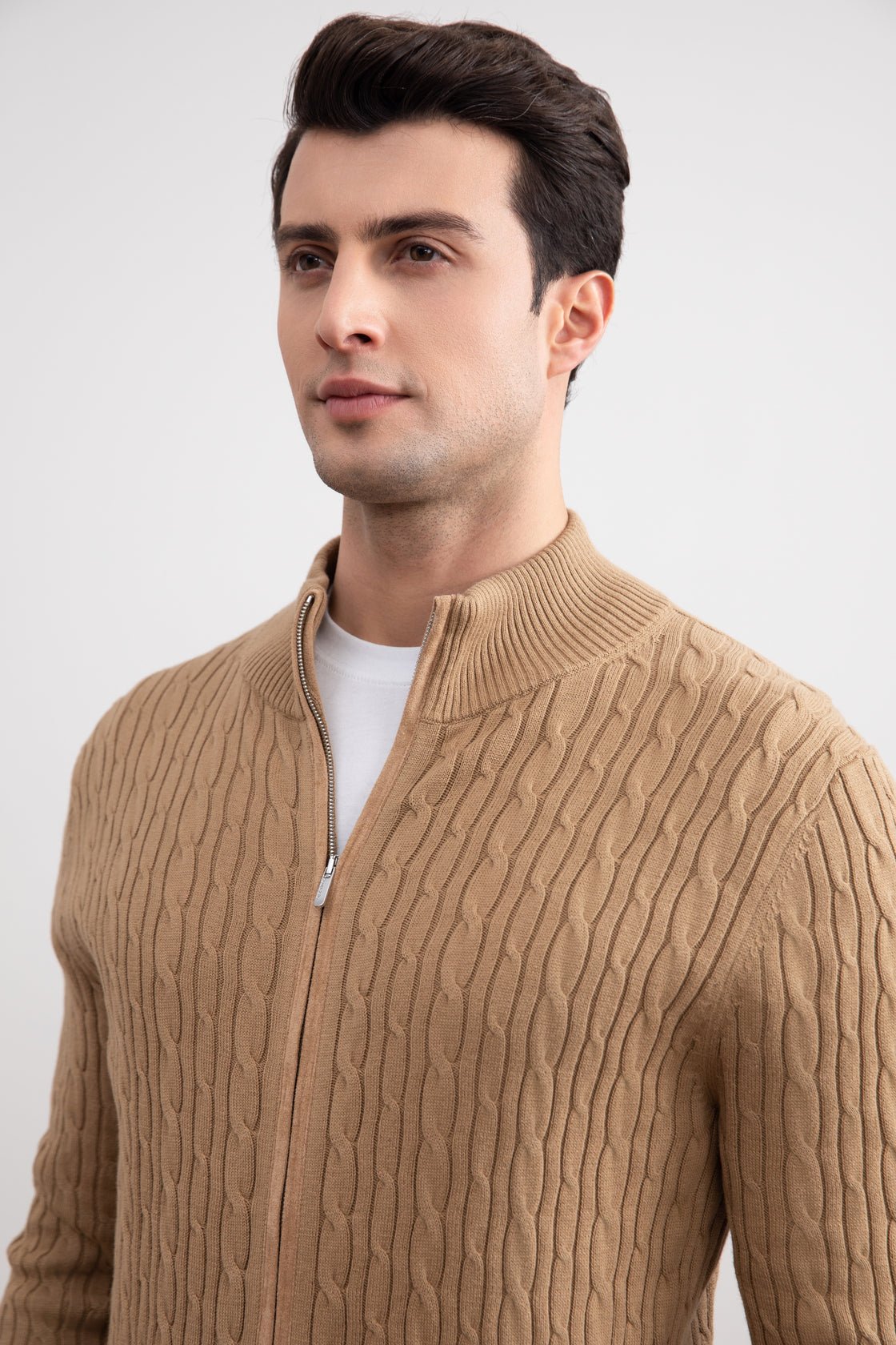 Tan Cable Knit full-zip Sweater