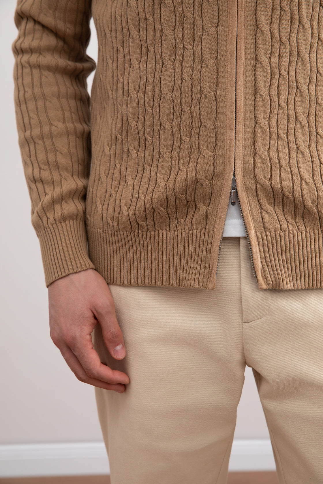 Tan Cable Knit full-zip Sweater