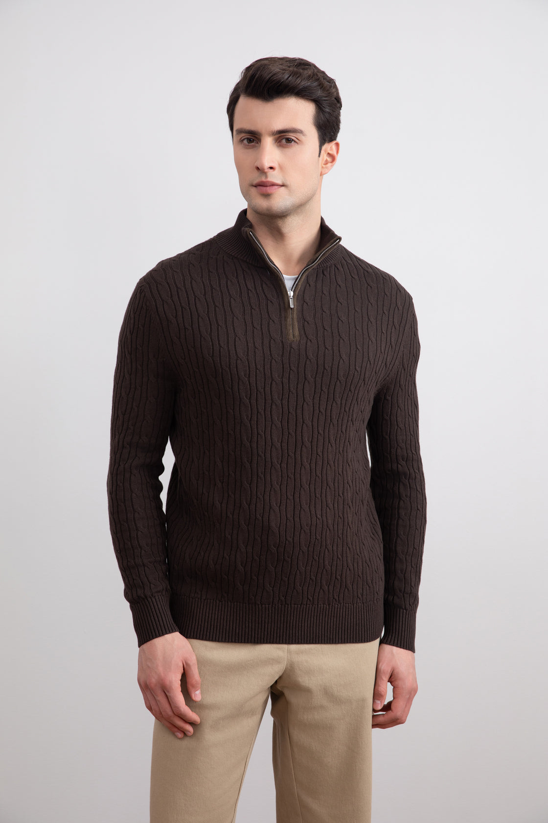 Dark Brown Cable Knit half-zip Sweater
