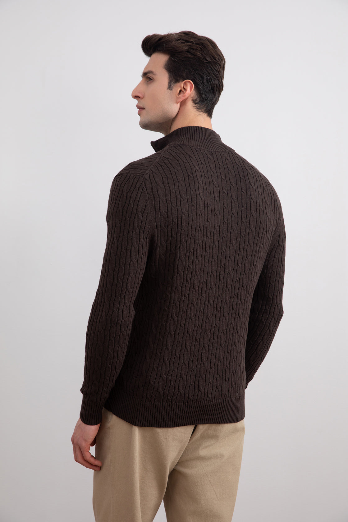 Dark Brown Cable Knit half-zip Sweater