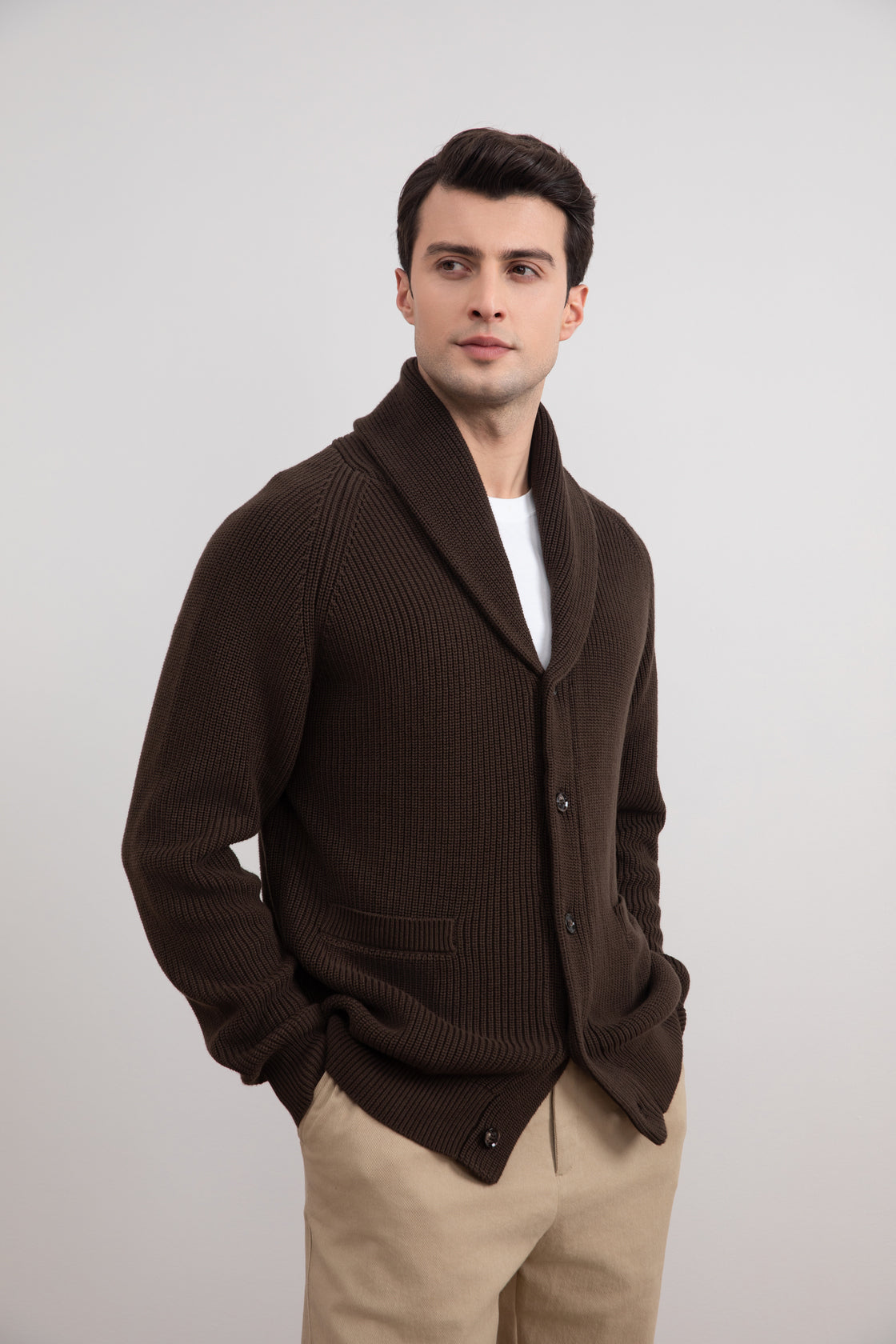Brown Shawl-Collar Ribbed Cardigan