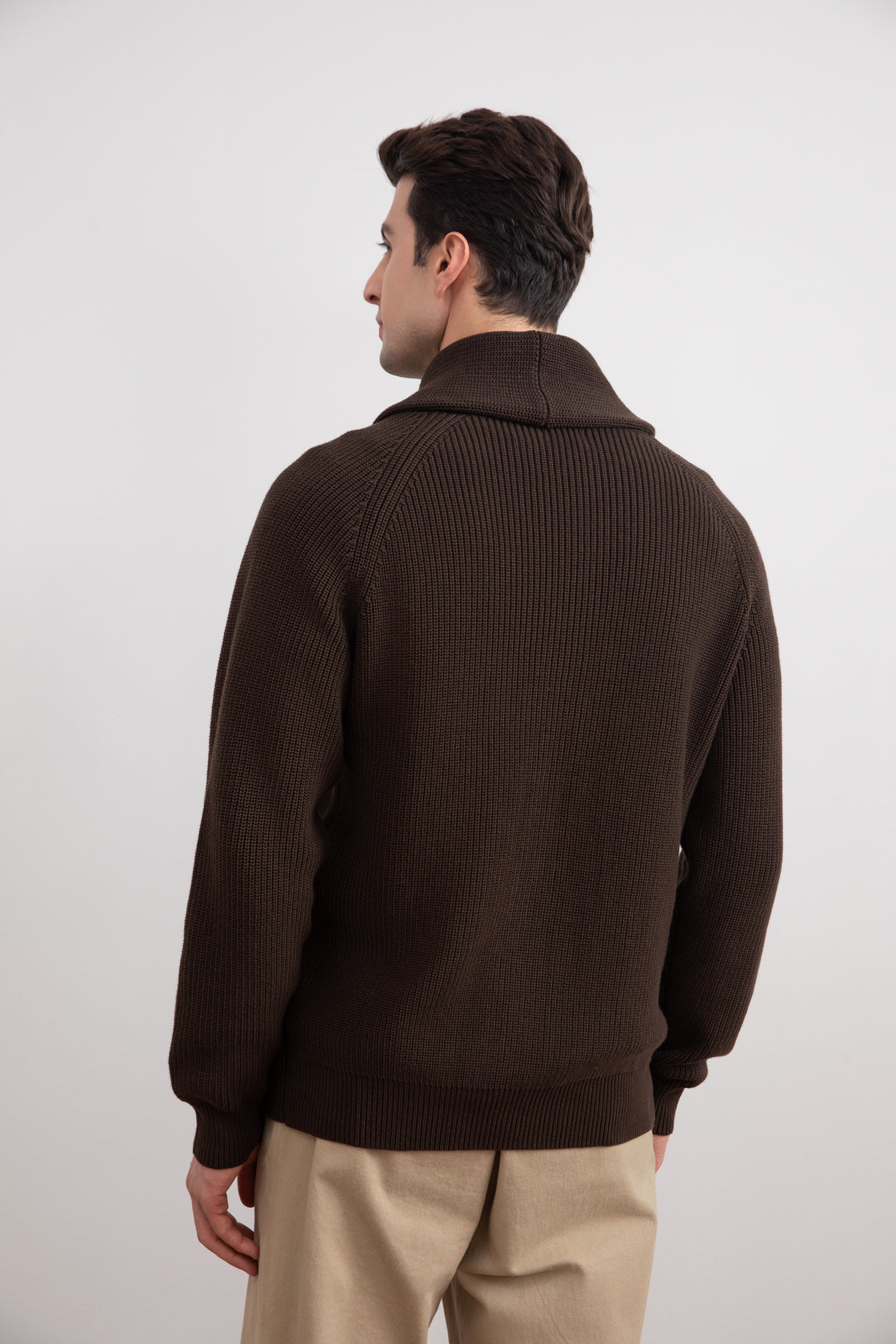 Brown Shawl-Collar Ribbed Cardigan