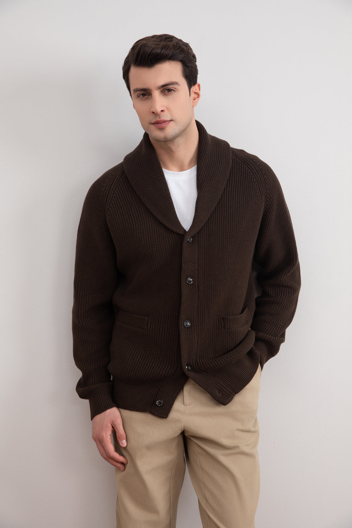 Brown Shawl-Collar Ribbed Cardigan