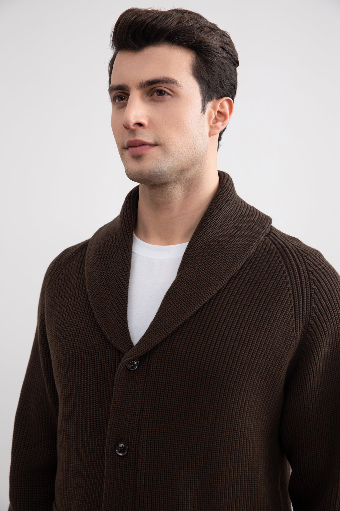 Brown Shawl-Collar Ribbed Cardigan