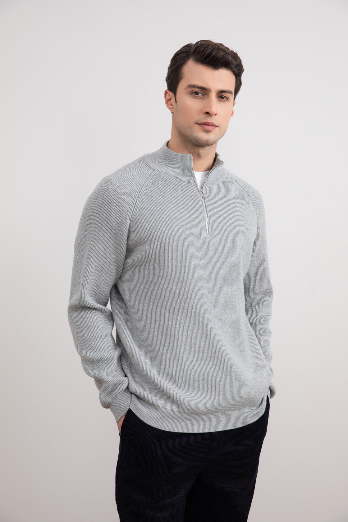 Grey Mélange English rib turtleneck half-zip sweater