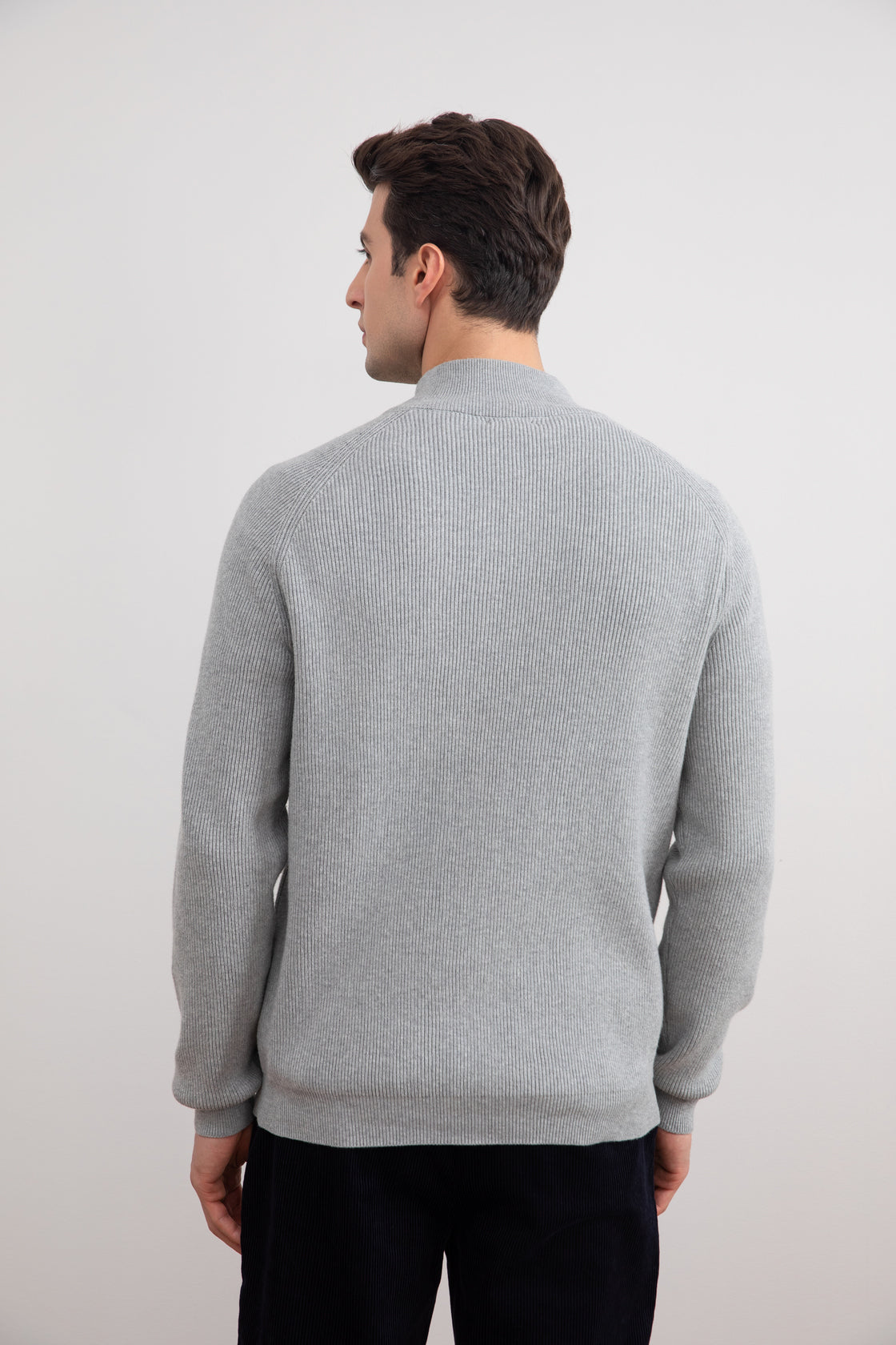 Grey Mélange English rib turtleneck half-zip sweater