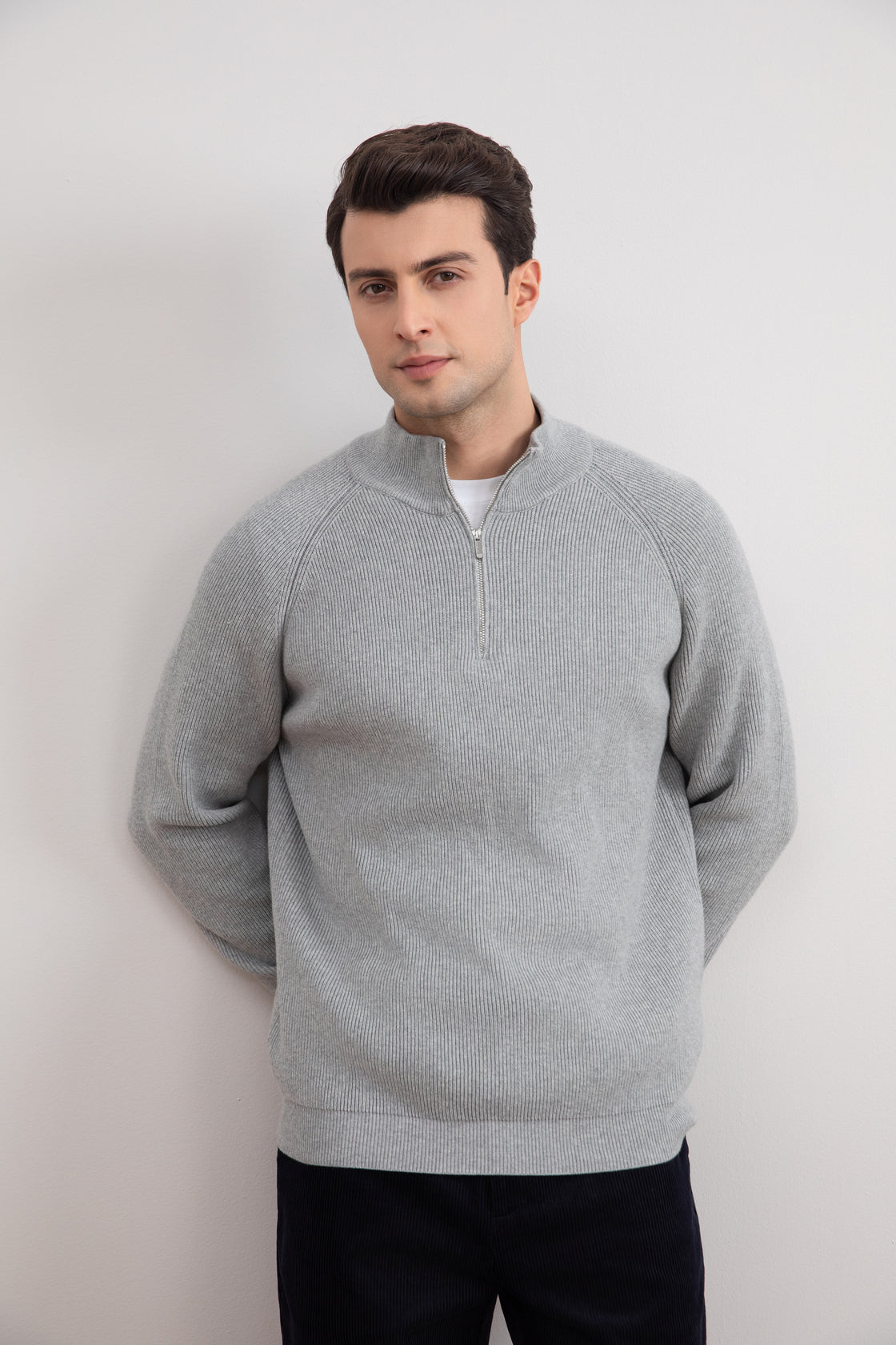 Grey Mélange English rib turtleneck half-zip sweater