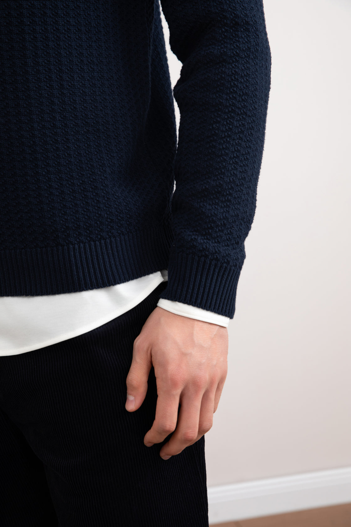 Navy Textured Open Polo Sweater