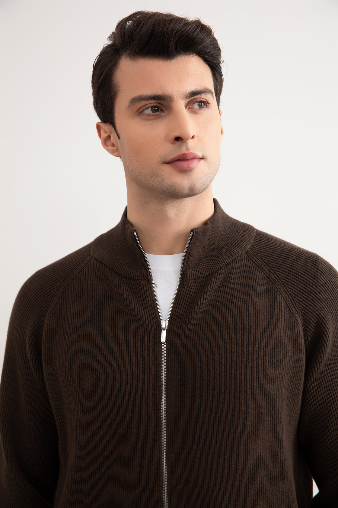 Brown English Rib Full Zip Cardigan