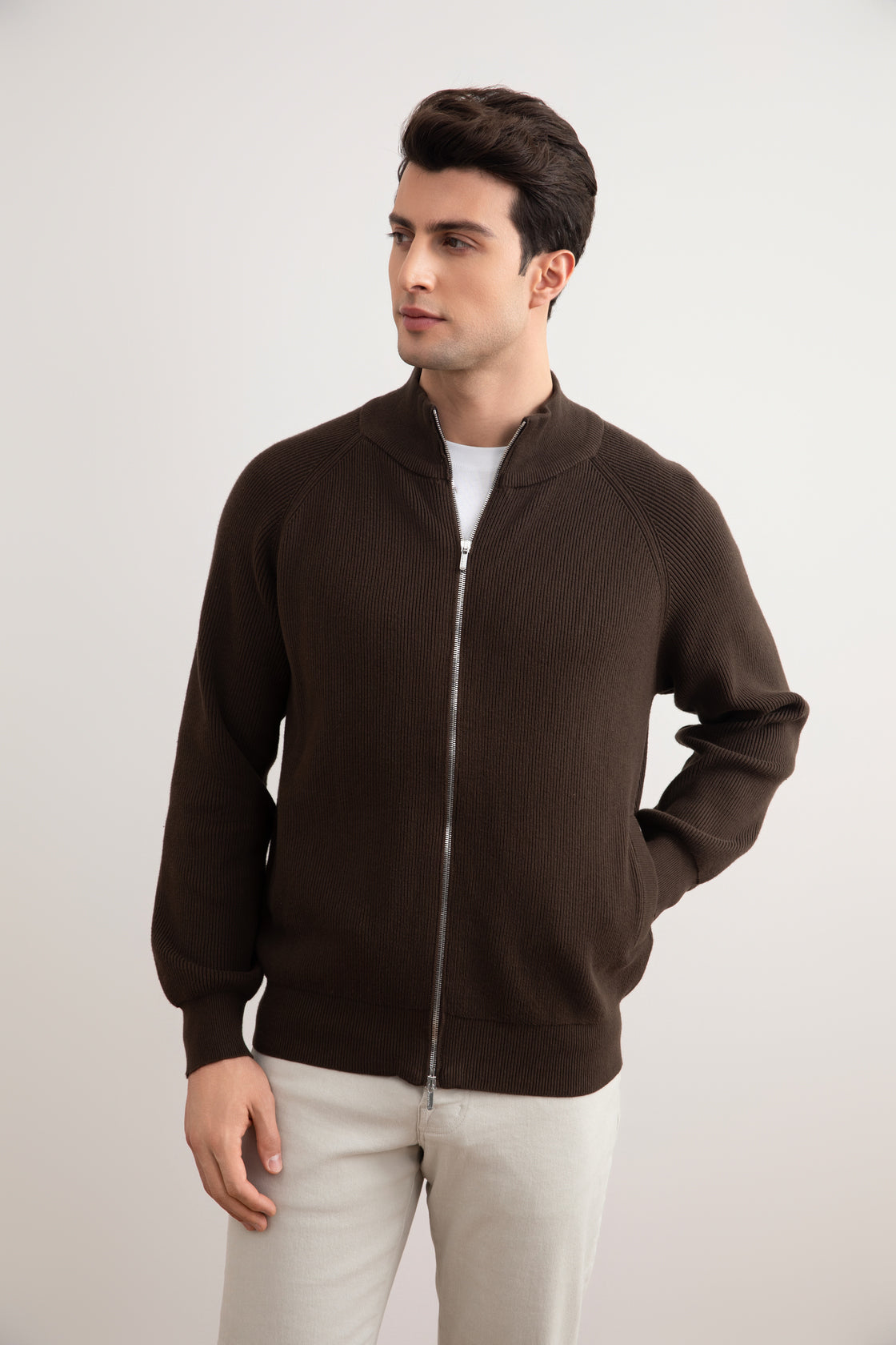 Brown English Rib Full Zip Cardigan