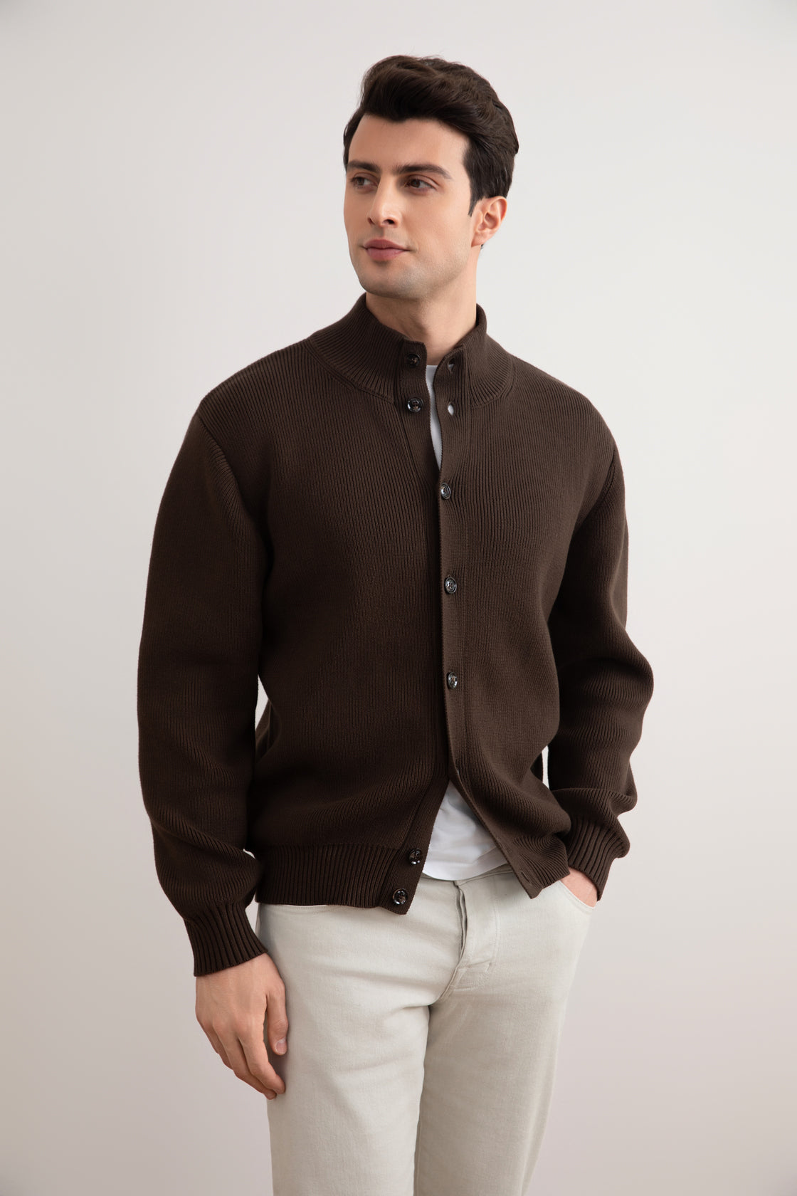 Brown Ribbed Button Closure Cardigan