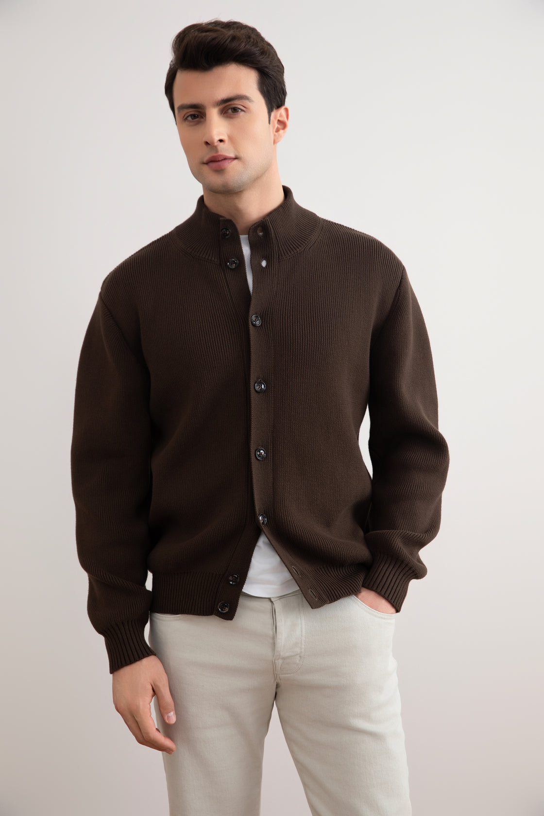 Brown Ribbed Button Closure Cardigan