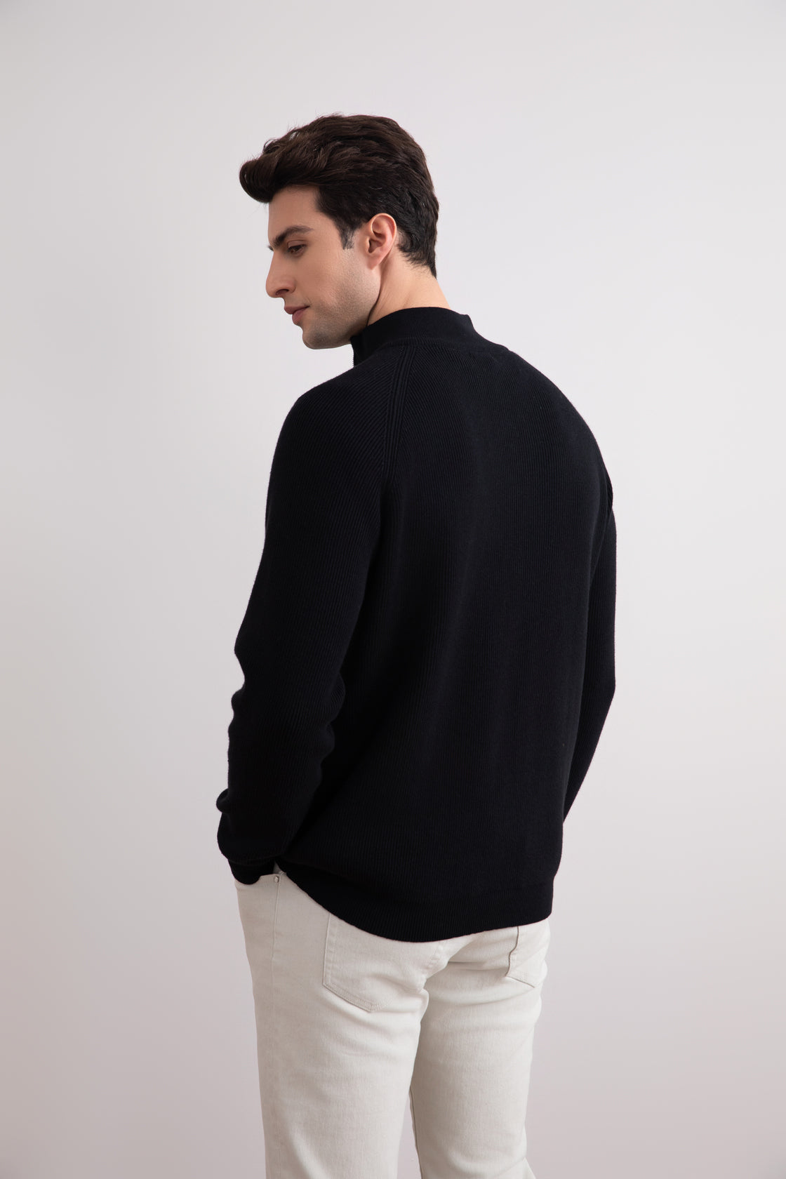 Black English rib turtleneck half-zip sweater