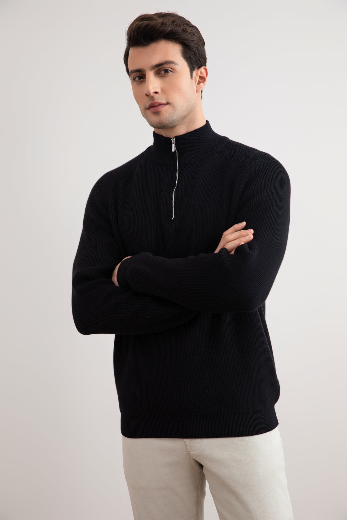 Black English rib turtleneck half-zip sweater