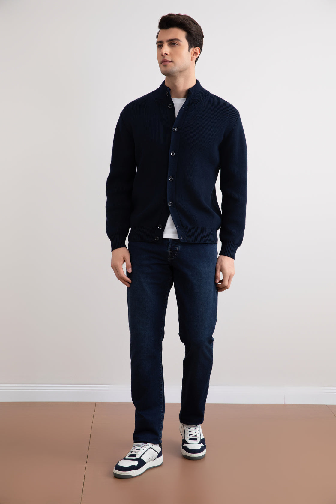 Navy Ribbed Button Closure Cardigan