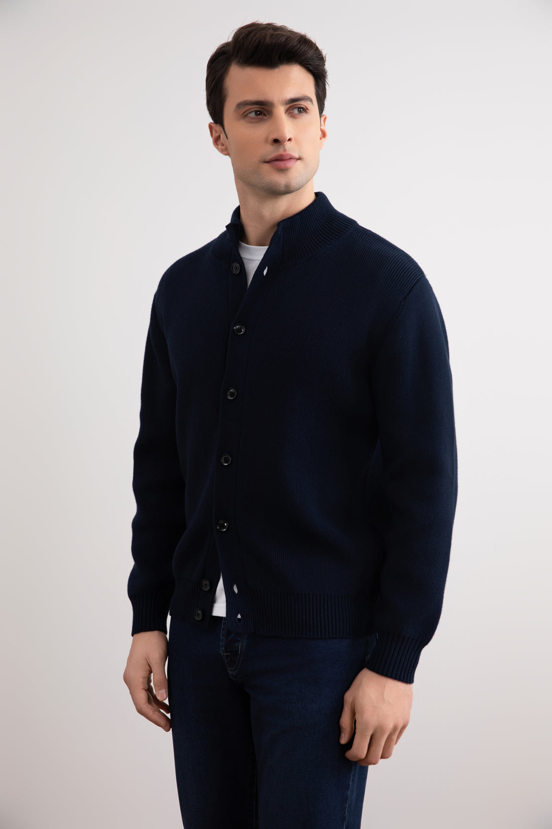 Navy Ribbed Button Closure Cardigan