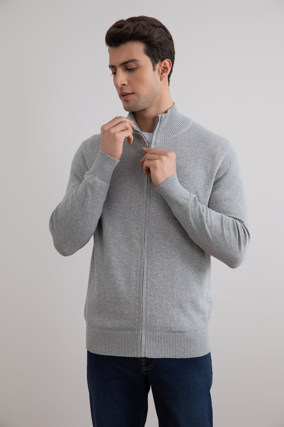 Grey Mélange Classic Zip-Up Cardigan