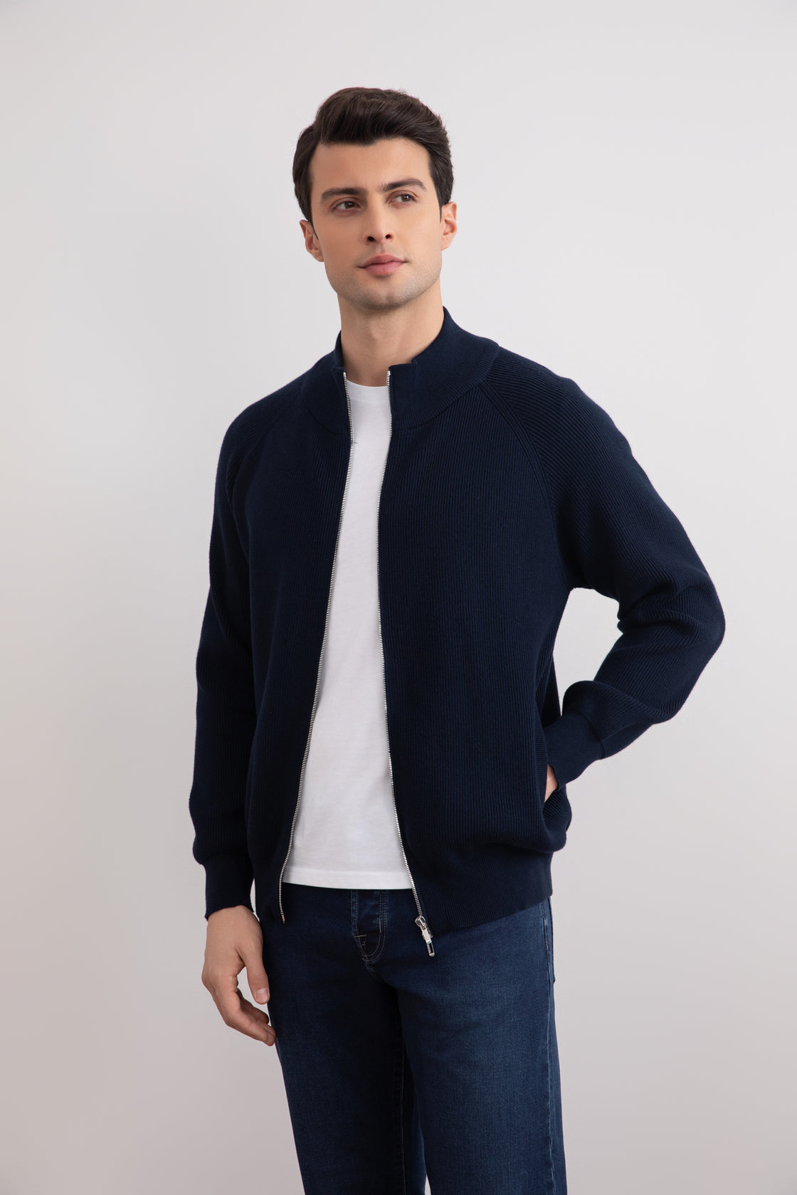 Navy English Rib Full Zip Cardigan
