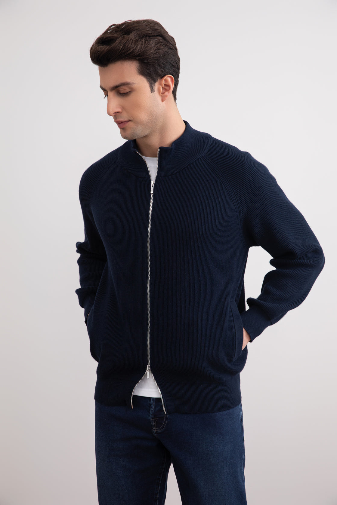 Navy English Rib Full Zip Cardigan