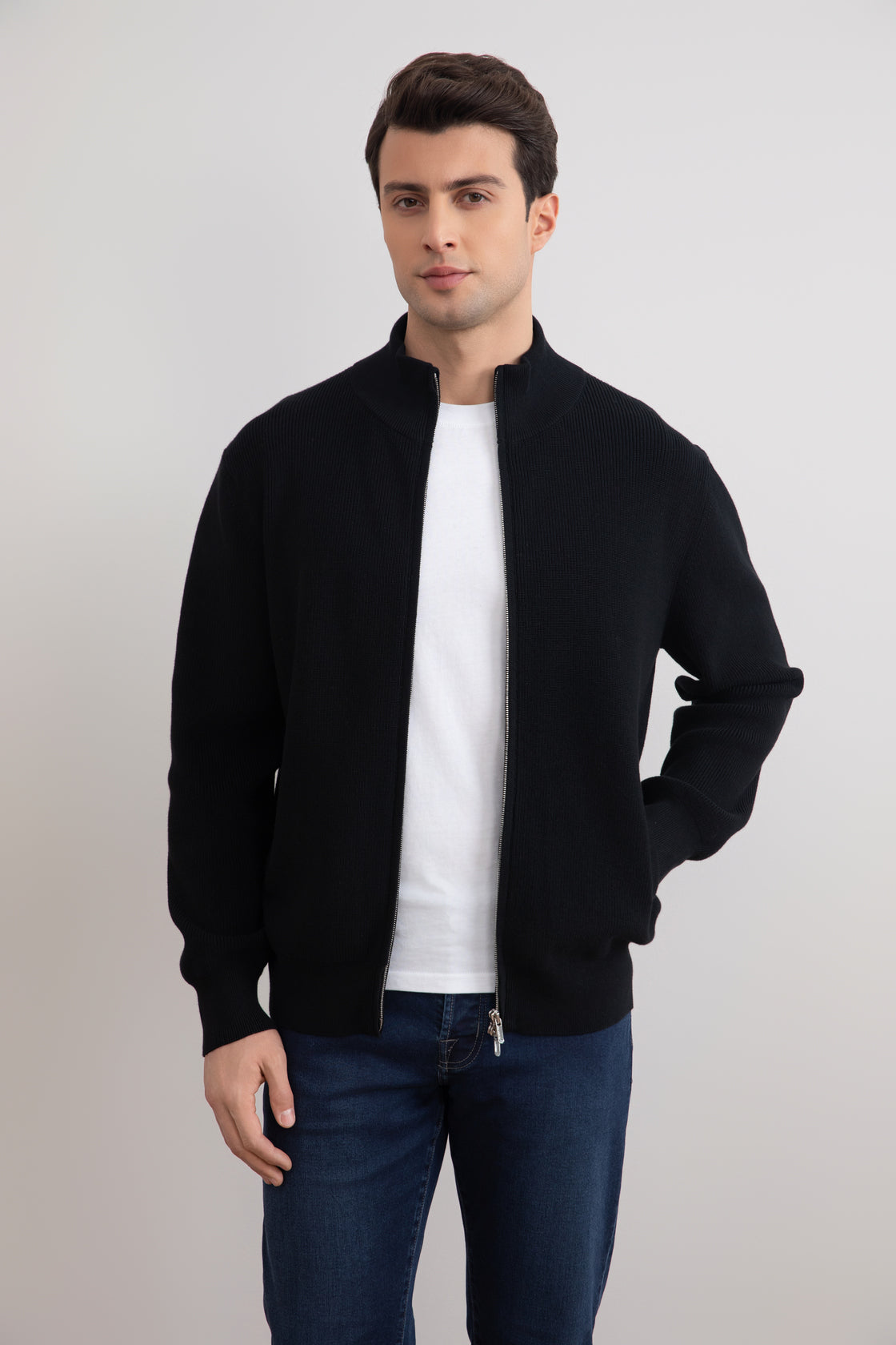 Black English Rib Full Zip Cardigan
