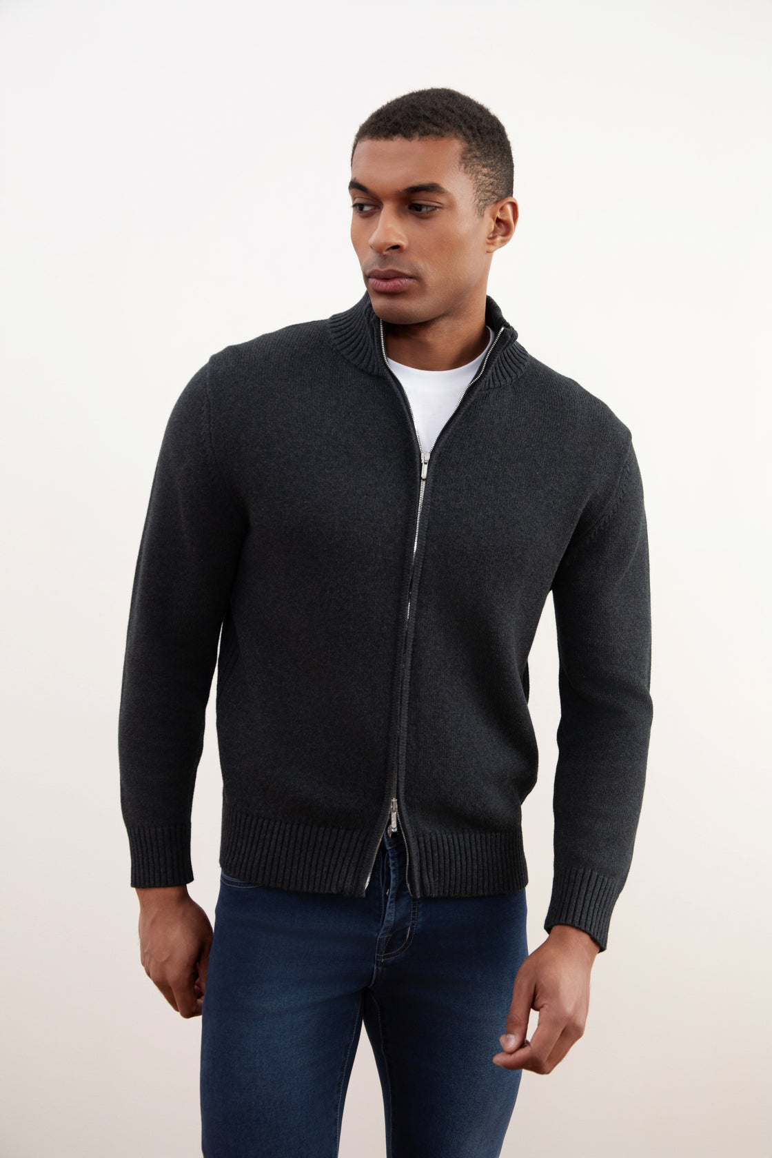 Charchoal Ribbed Zip-Up Sweater