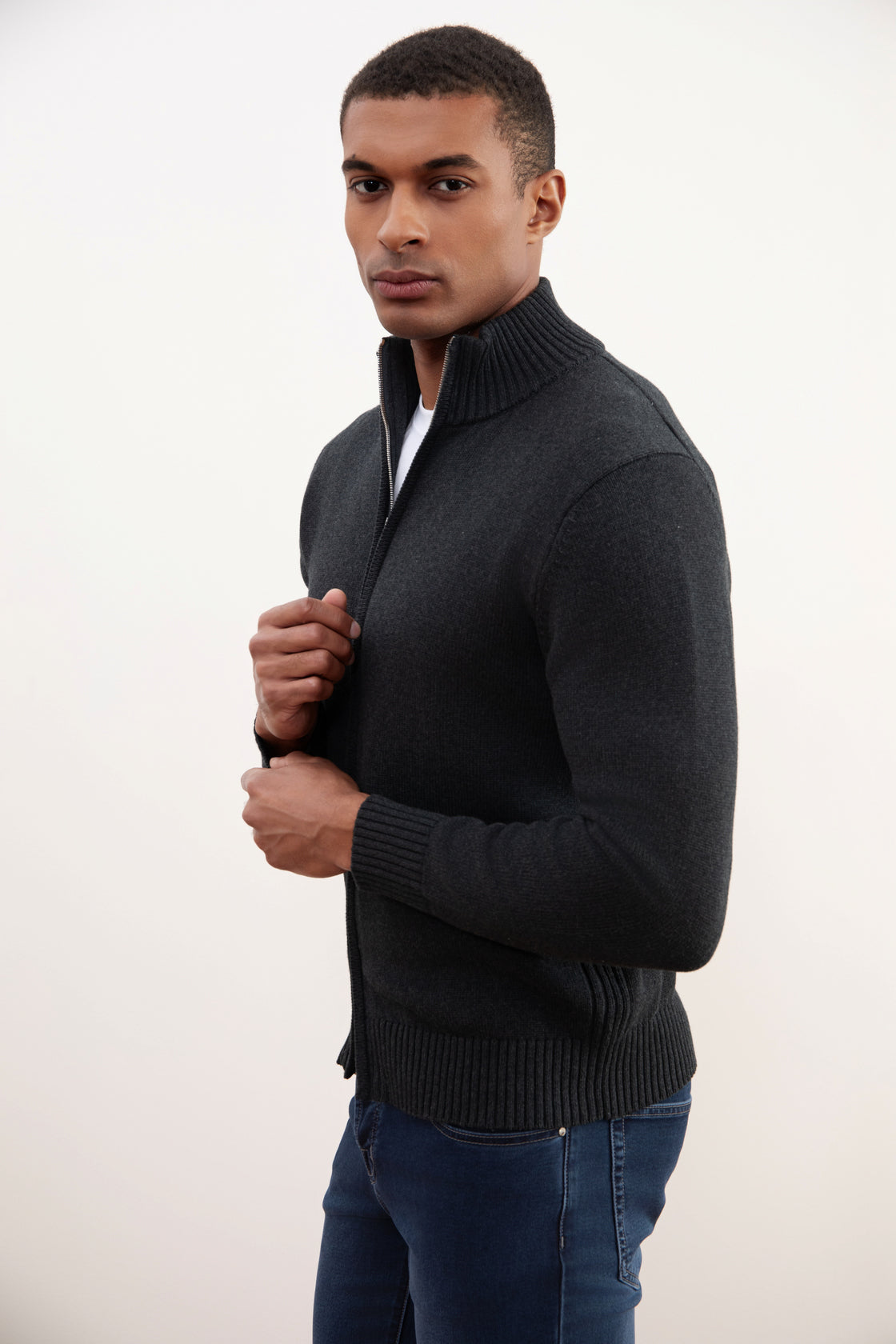 Charchoal Ribbed Zip-Up Sweater