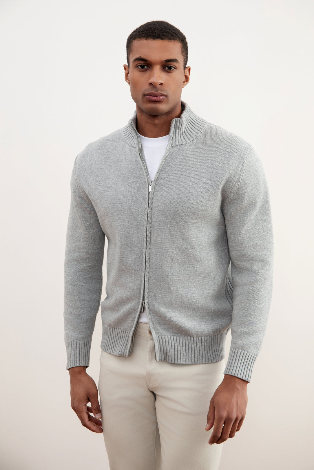Grey Mélange Ribbed Zip-Up Sweater