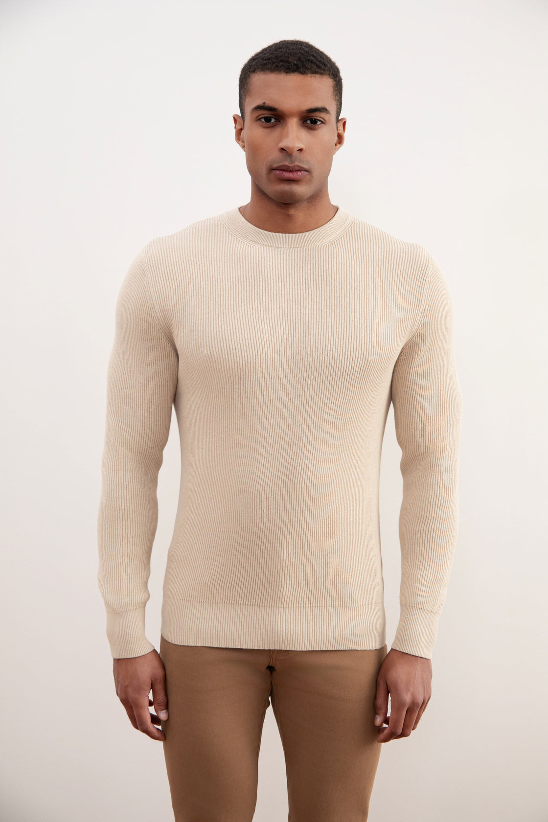 Beige Crewneck Malfilé English Rib Sweater