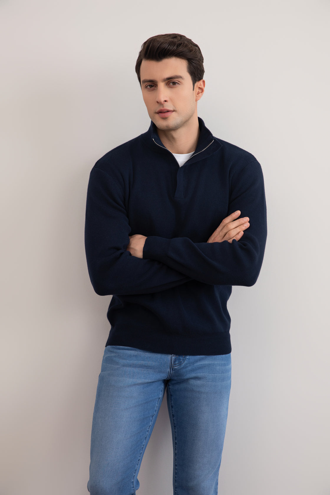 Navy Half-Zip Mock Neck Sweater