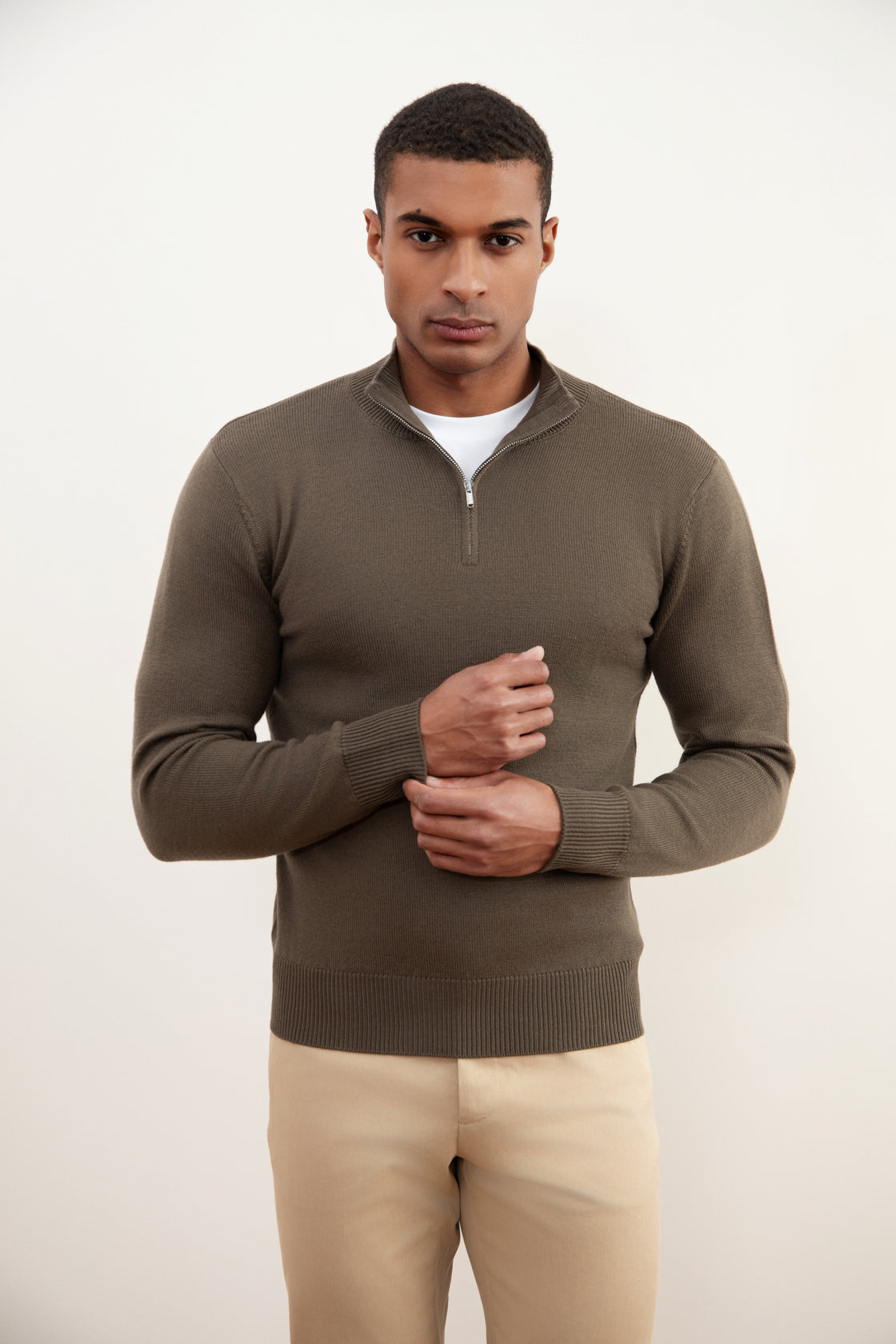 Taupe Merino Wool Half-Zip Sweater