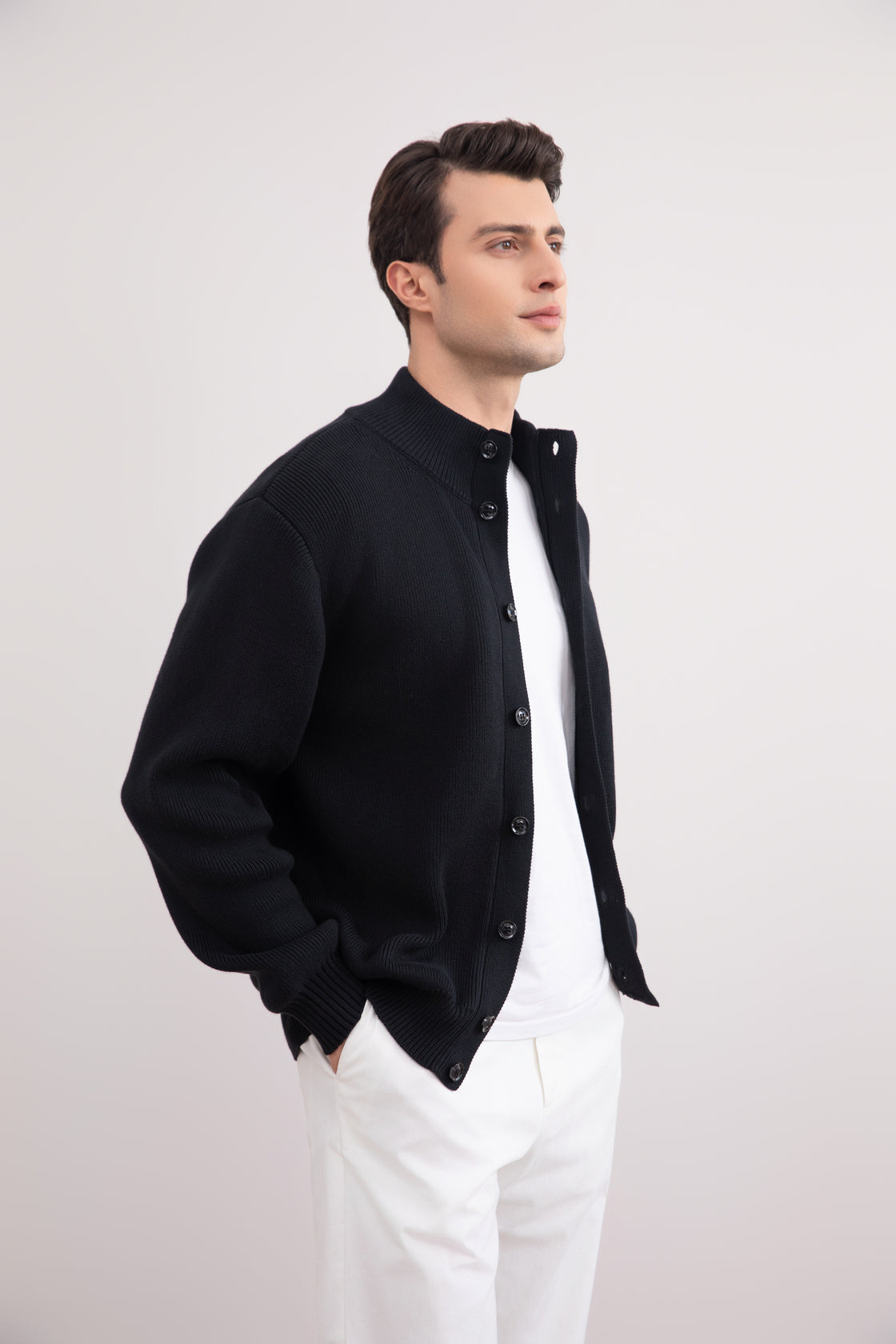 Black Ribbed Button Closure Cardigan