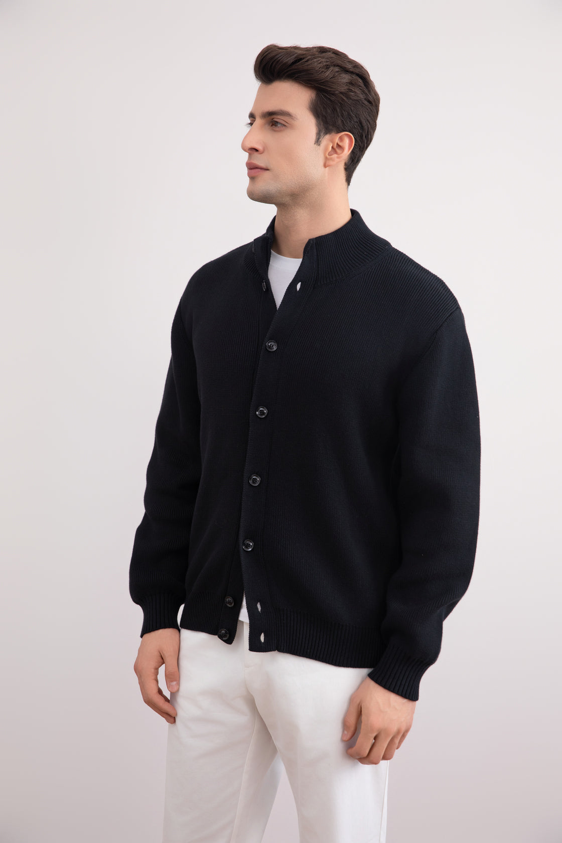 Black Ribbed Button Closure Cardigan