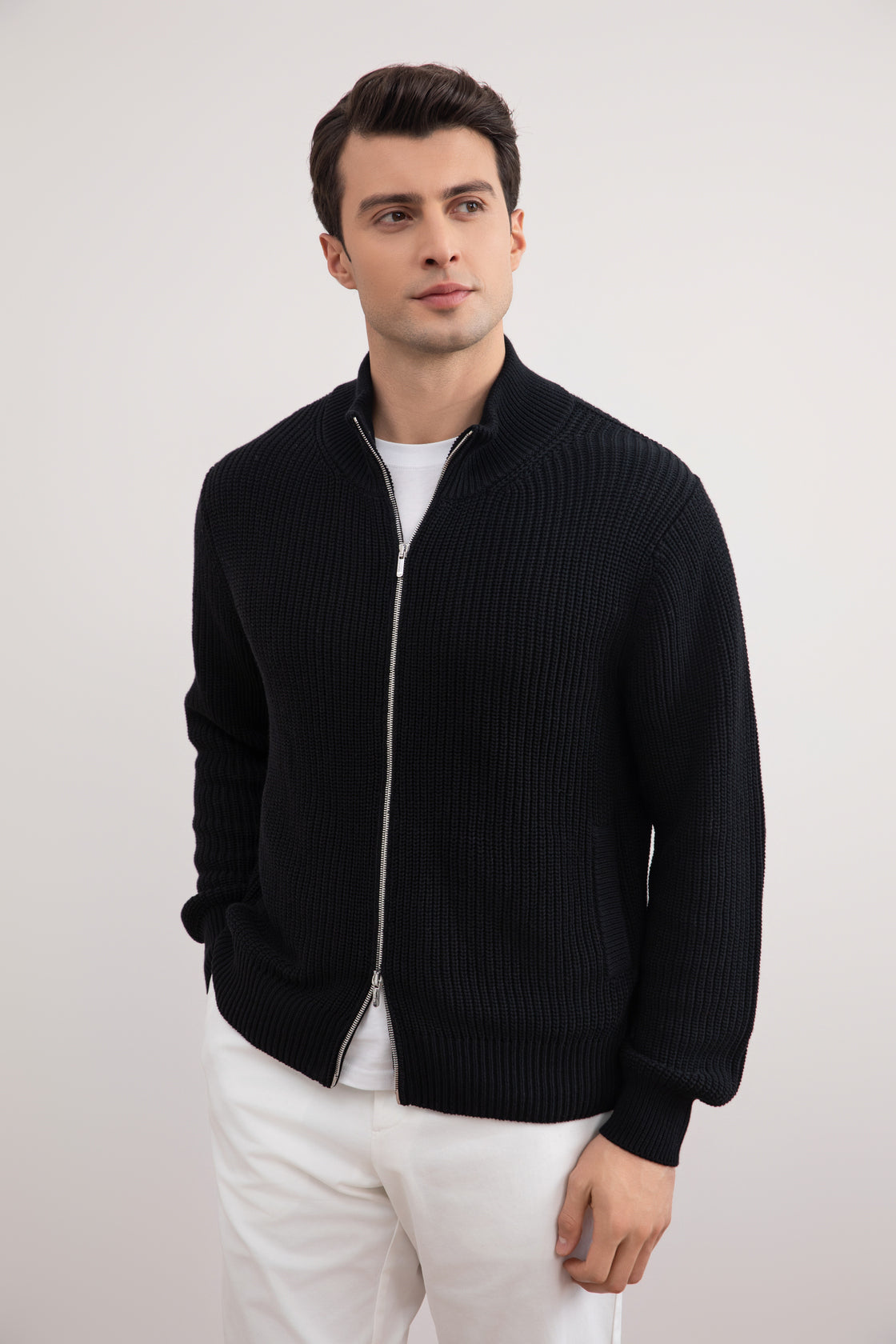 Black Ribbed Zip-Up Cardigan
