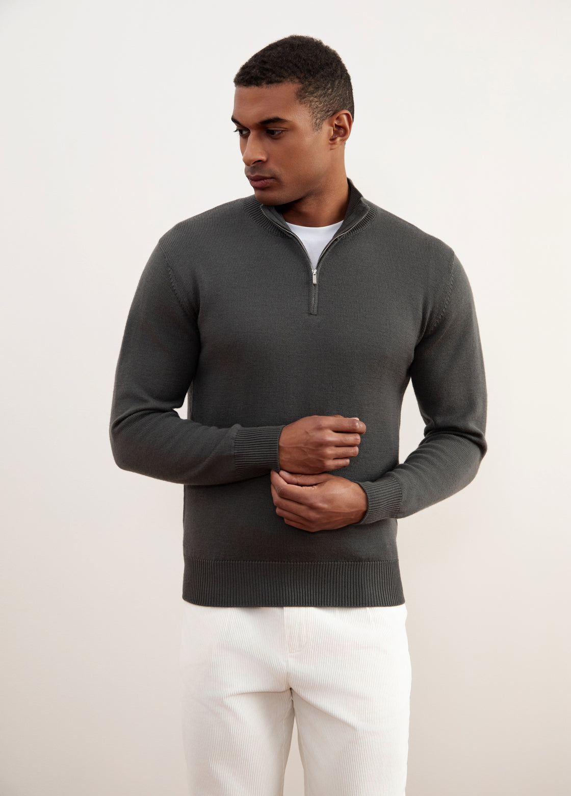 Carbon Grey Merino Wool Half-Zip Sweater