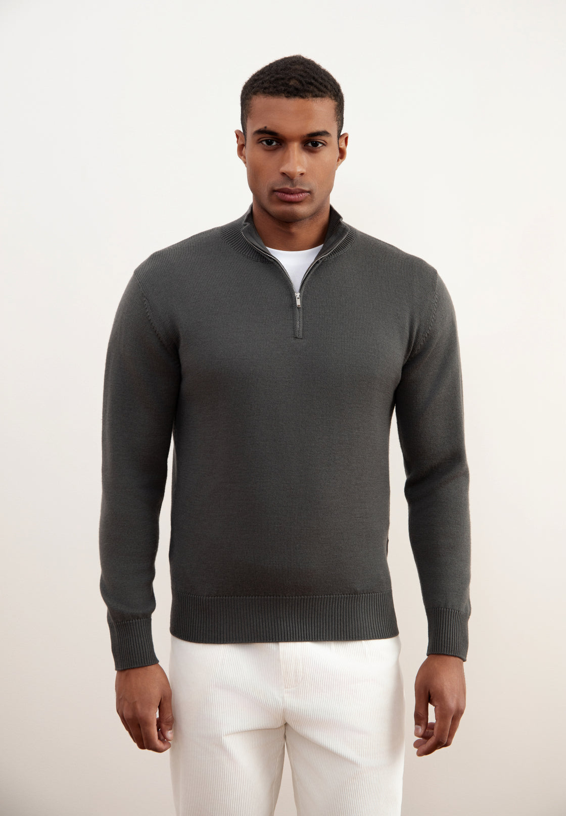 Carbon Grey Merino Wool Half-Zip Sweater