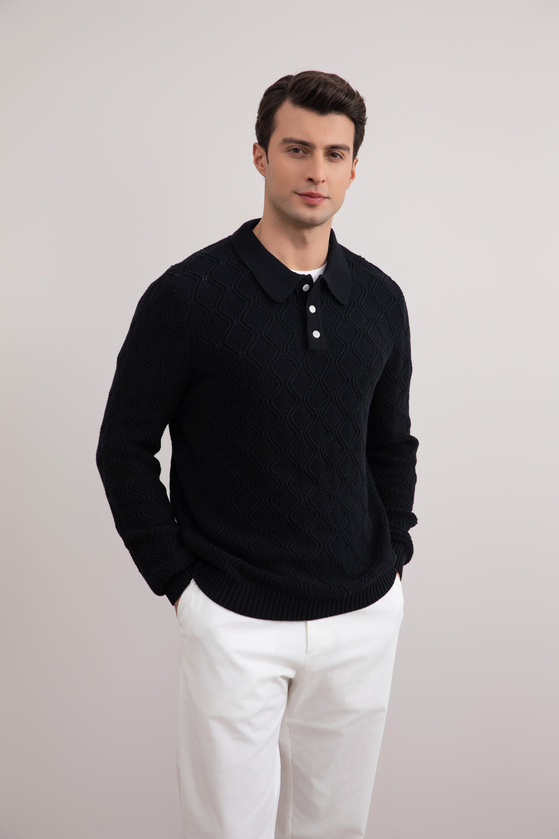 Black Honeycomb Polo Sweater