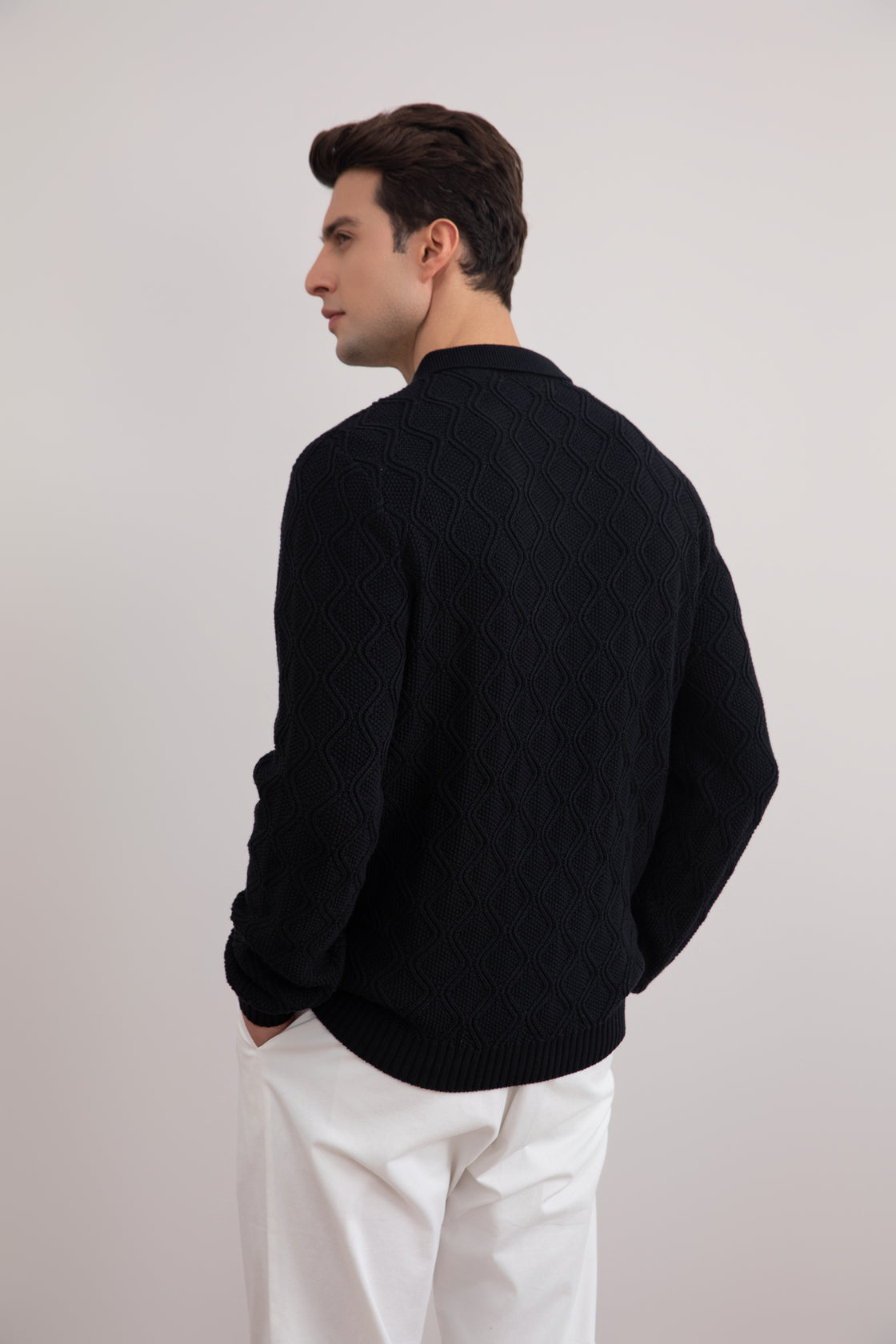Black Honeycomb Polo Sweater