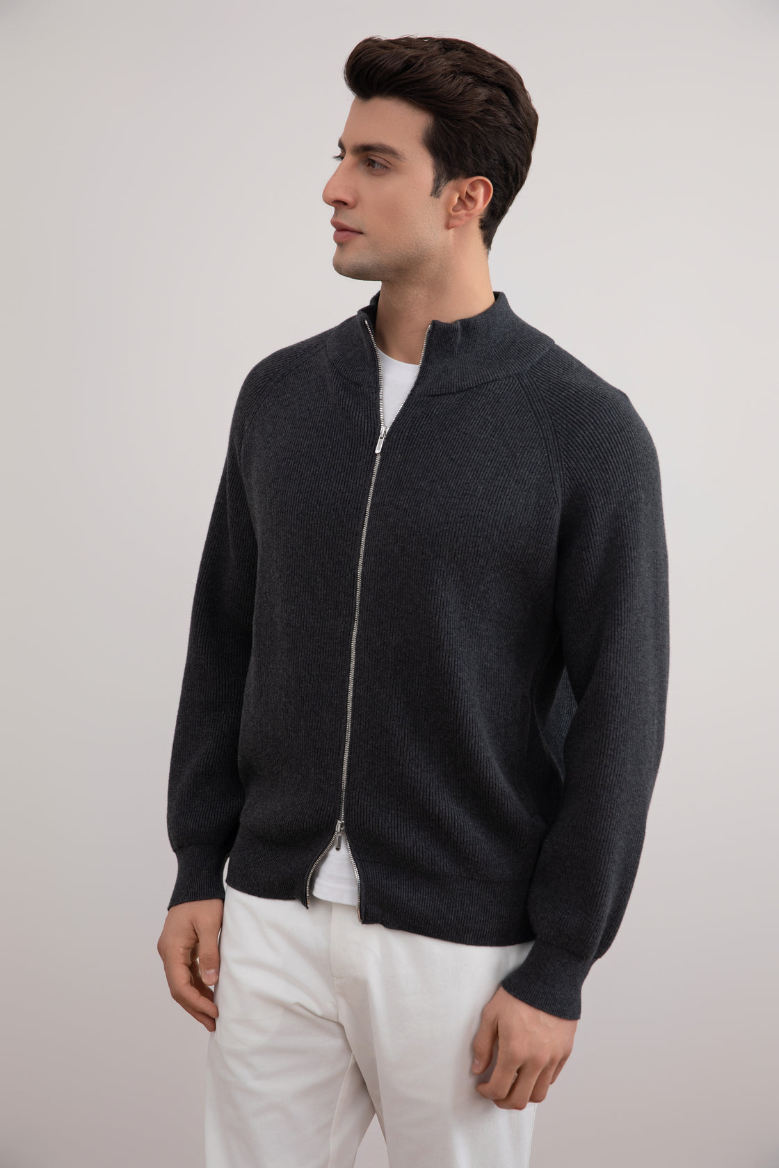 Dark Grey Mélange English Rib Full Zip Cardigan