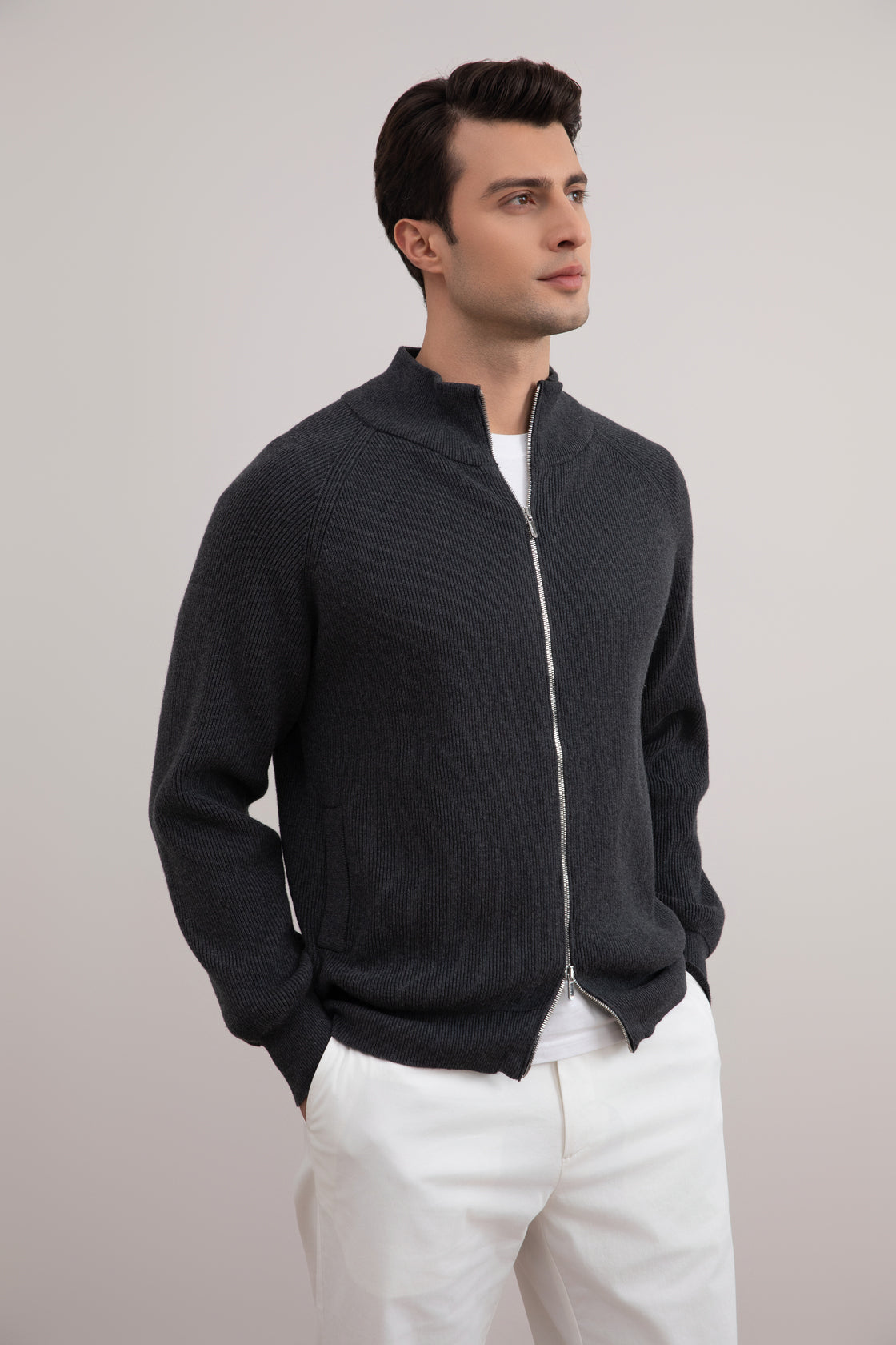 Dark Grey Mélange English Rib Full Zip Cardigan