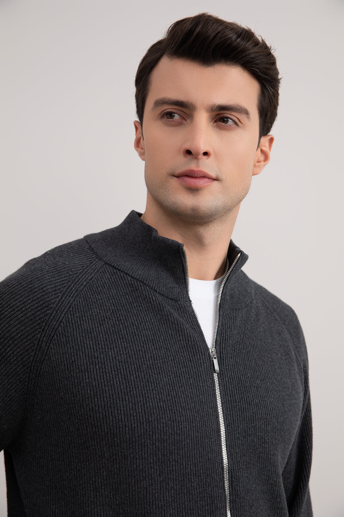 Dark Grey Mélange English Rib Full Zip Cardigan