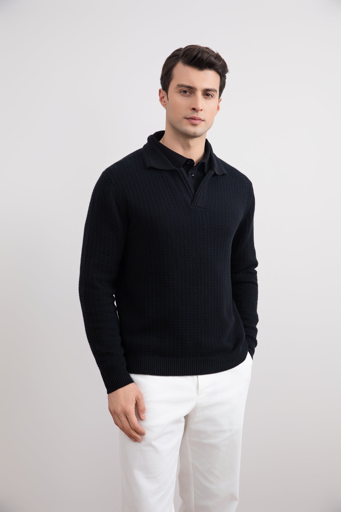 Black Textured Open Polo Sweater