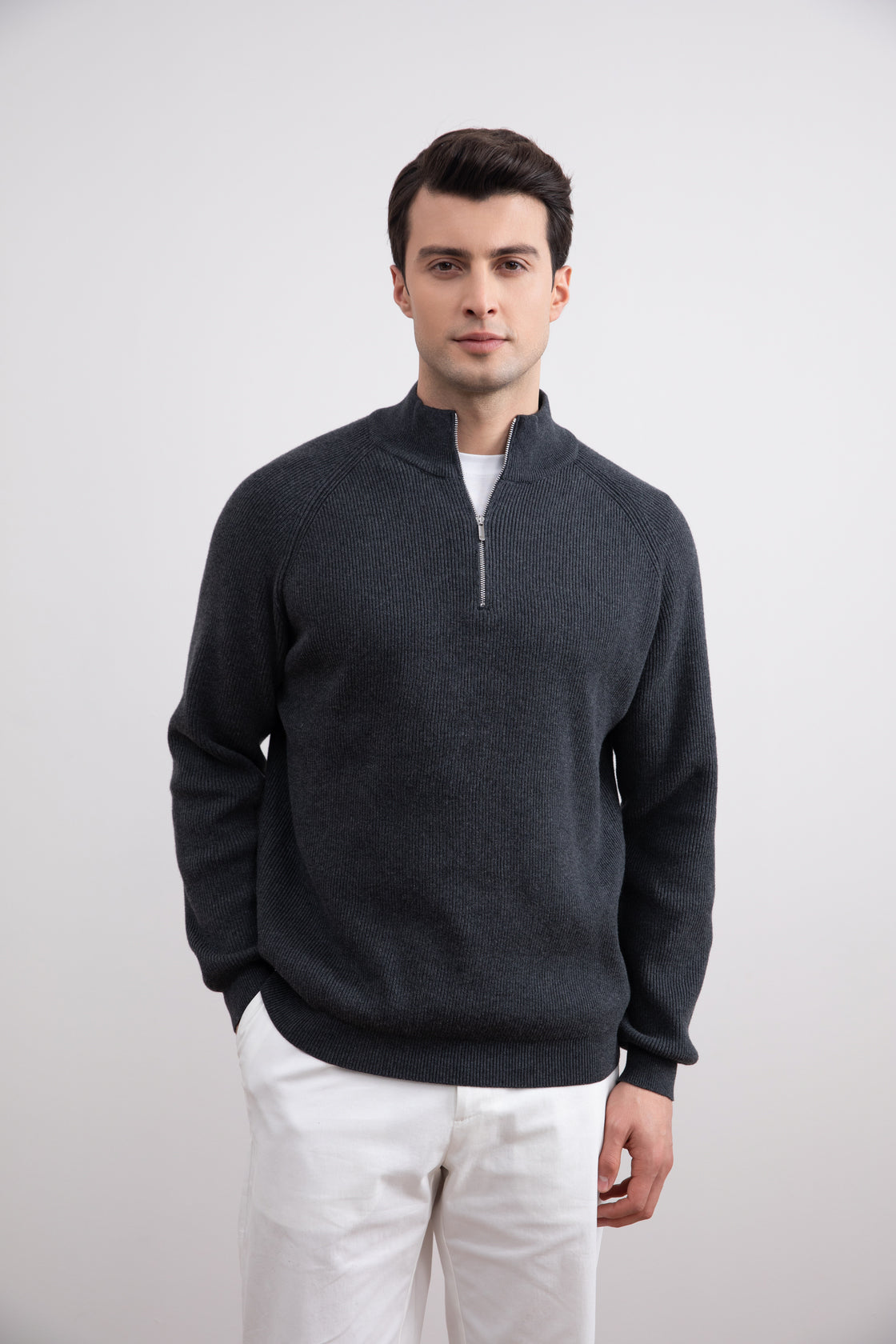 Charcoal English rib turtleneck half-zip sweater
