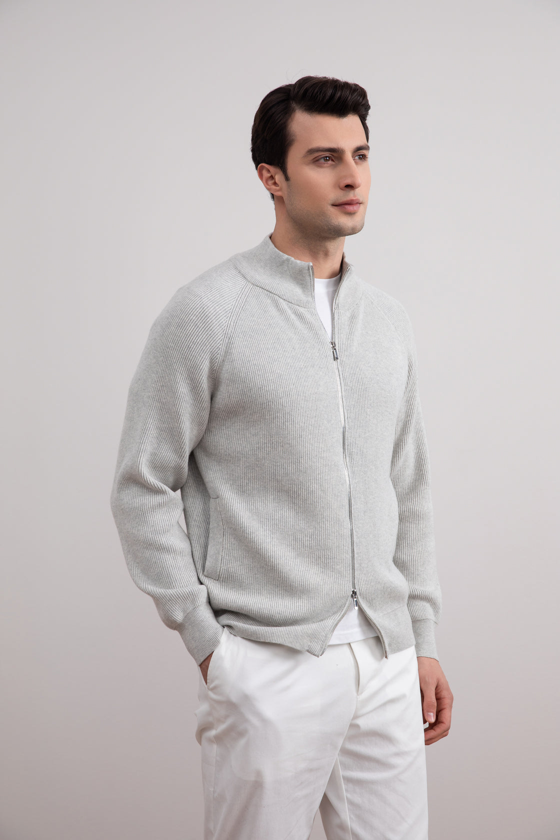 Grey Mélange English Rib Full Zip Cardigan