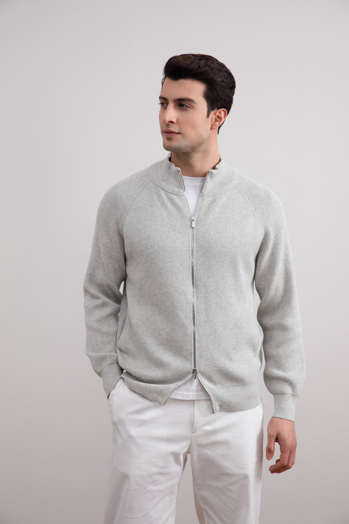 Grey Mélange English Rib Full Zip Cardigan