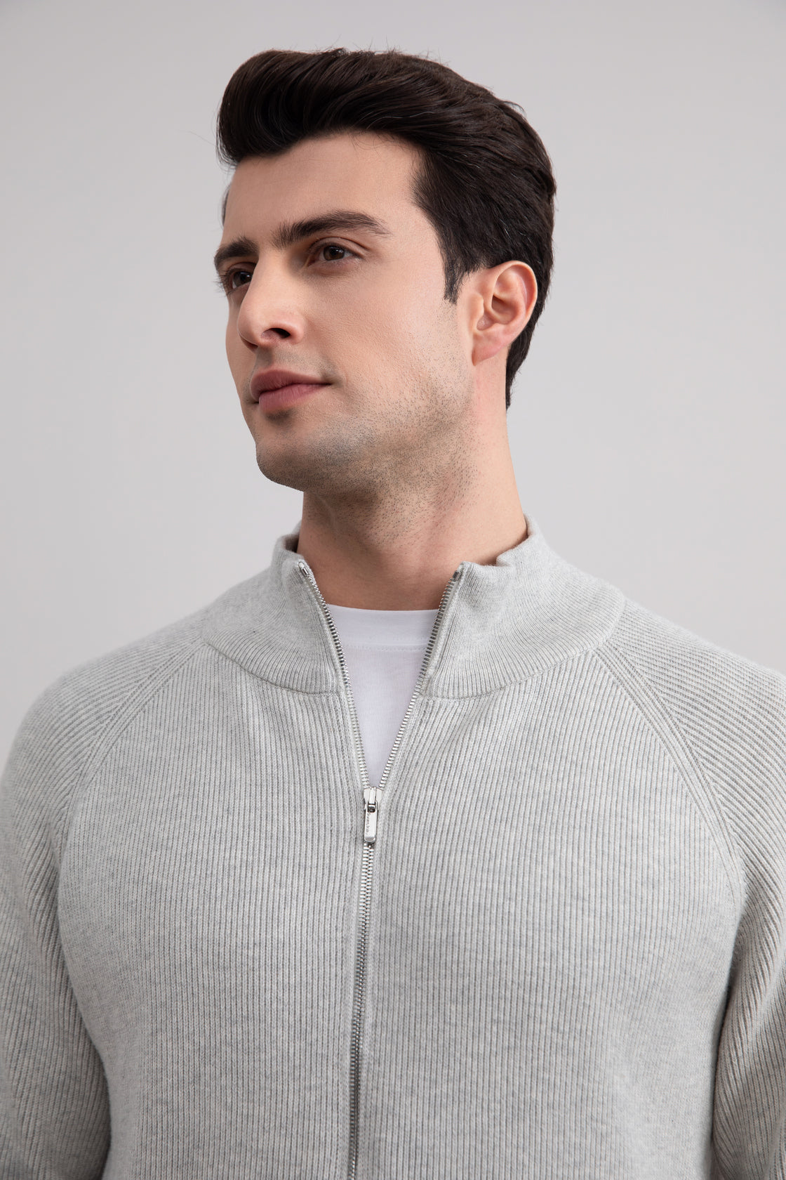 Grey Mélange English Rib Full Zip Cardigan