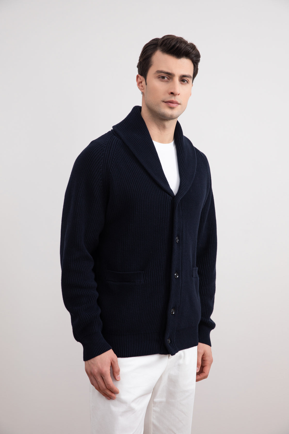 Navy Shawl-Collar Ribbed Cardigan