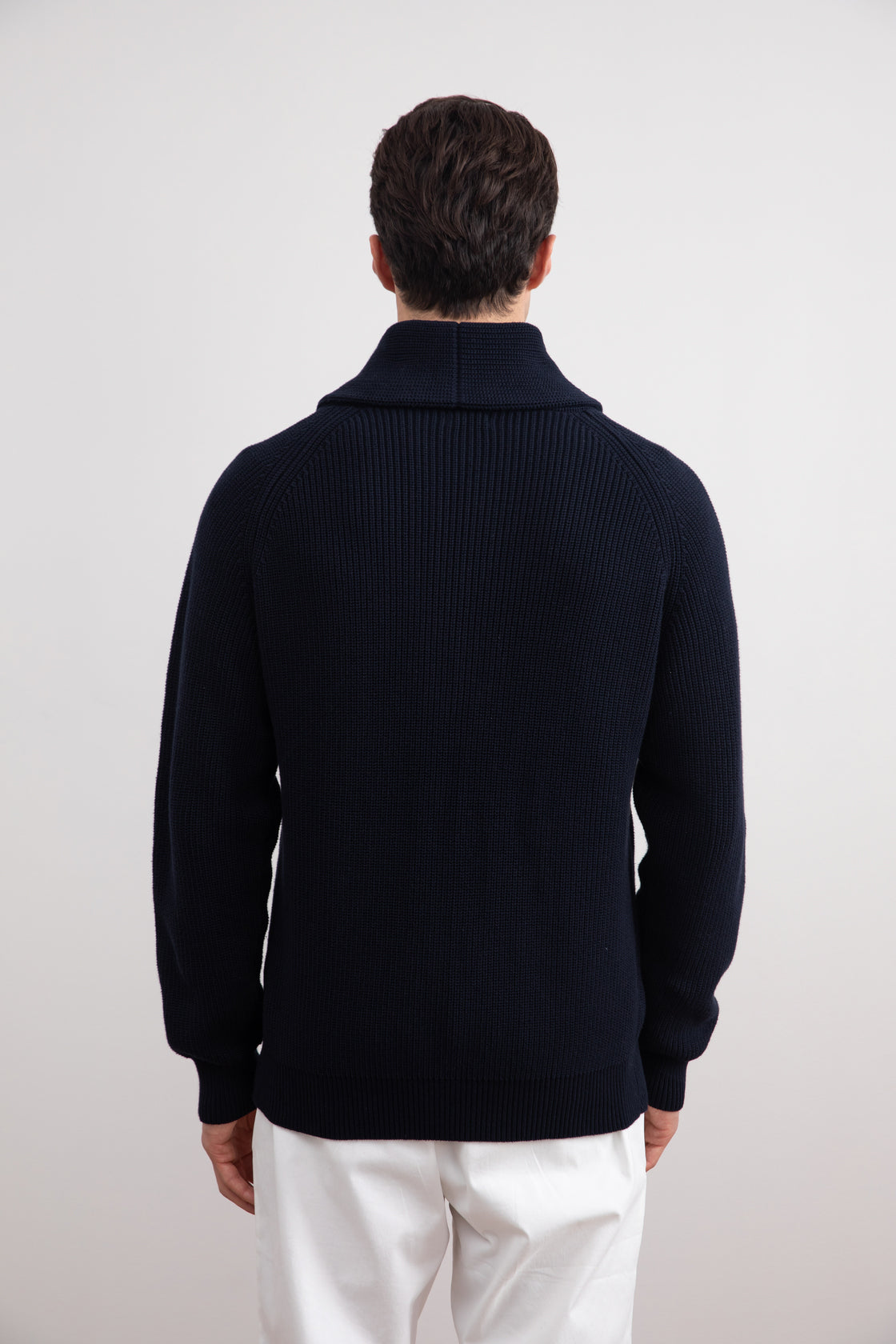 Navy Shawl-Collar Ribbed Cardigan